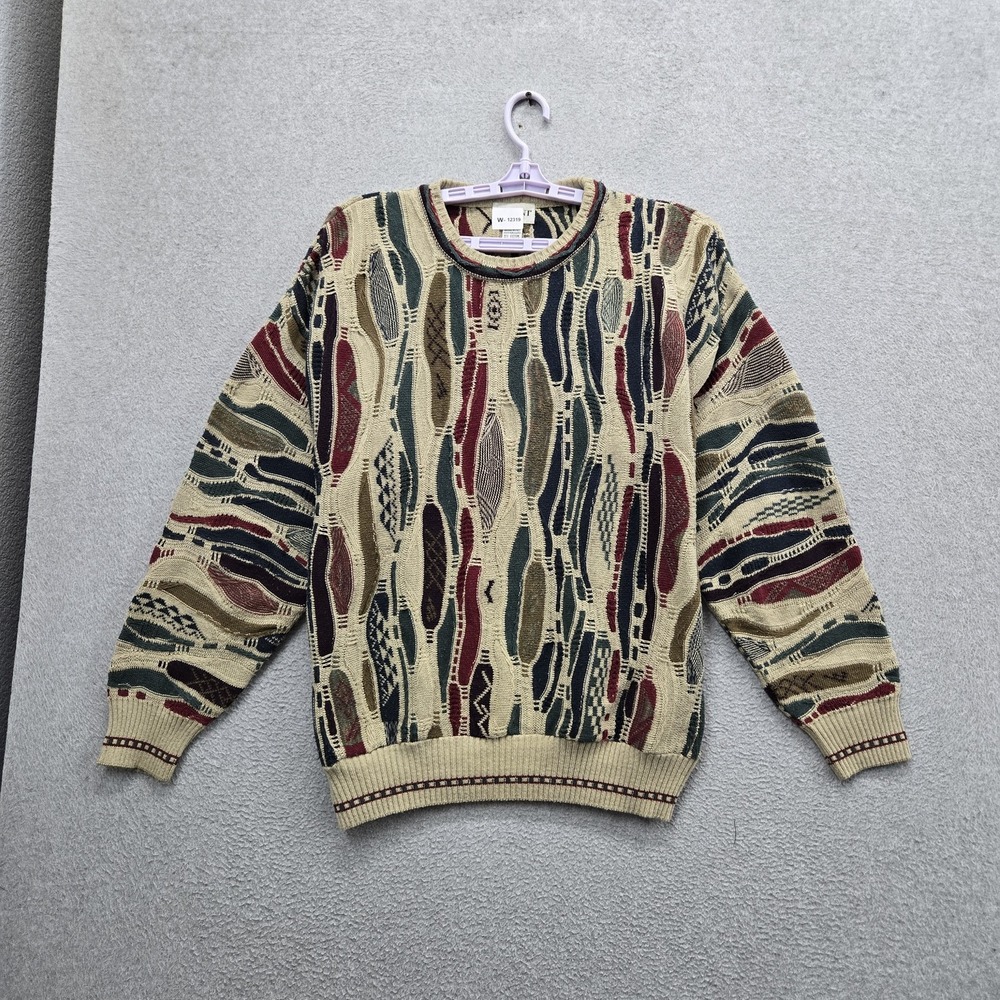 VINTAGE Alfani Men Sweater L Beige Geometric Hip Hop 3D Knit Texture